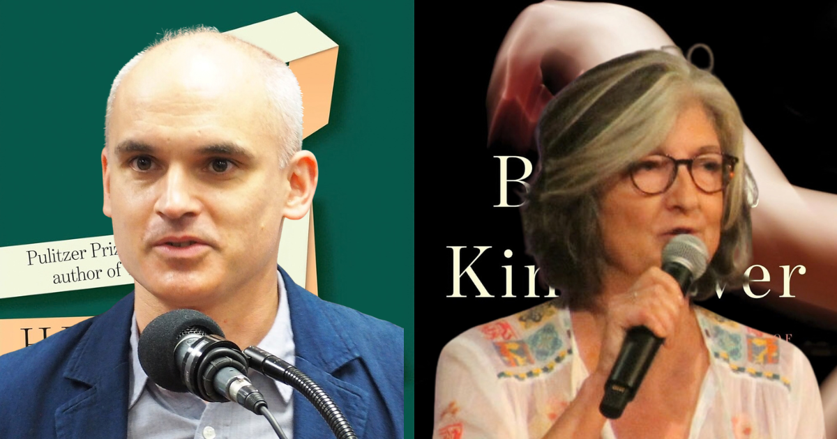Hernan Diaz with the cover of Ply and Barbara Kingsolver with the cover of Partita