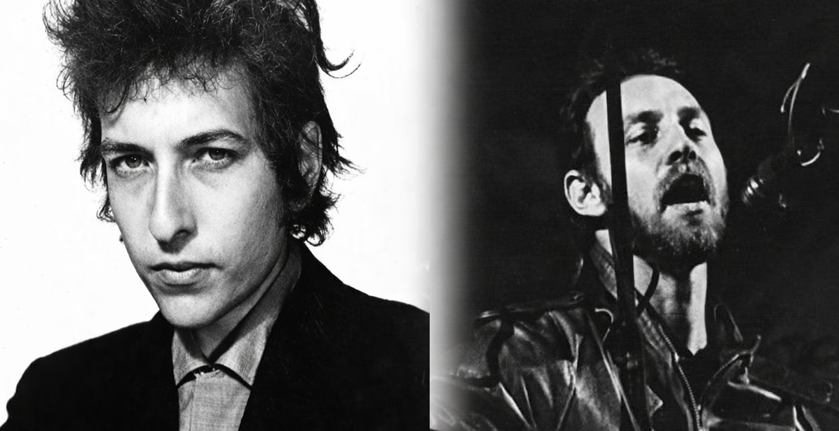 Black-and-white photos of young Bob Dylan in a posed portrait beside Richard Thompson performing live on acoustic guitar.
