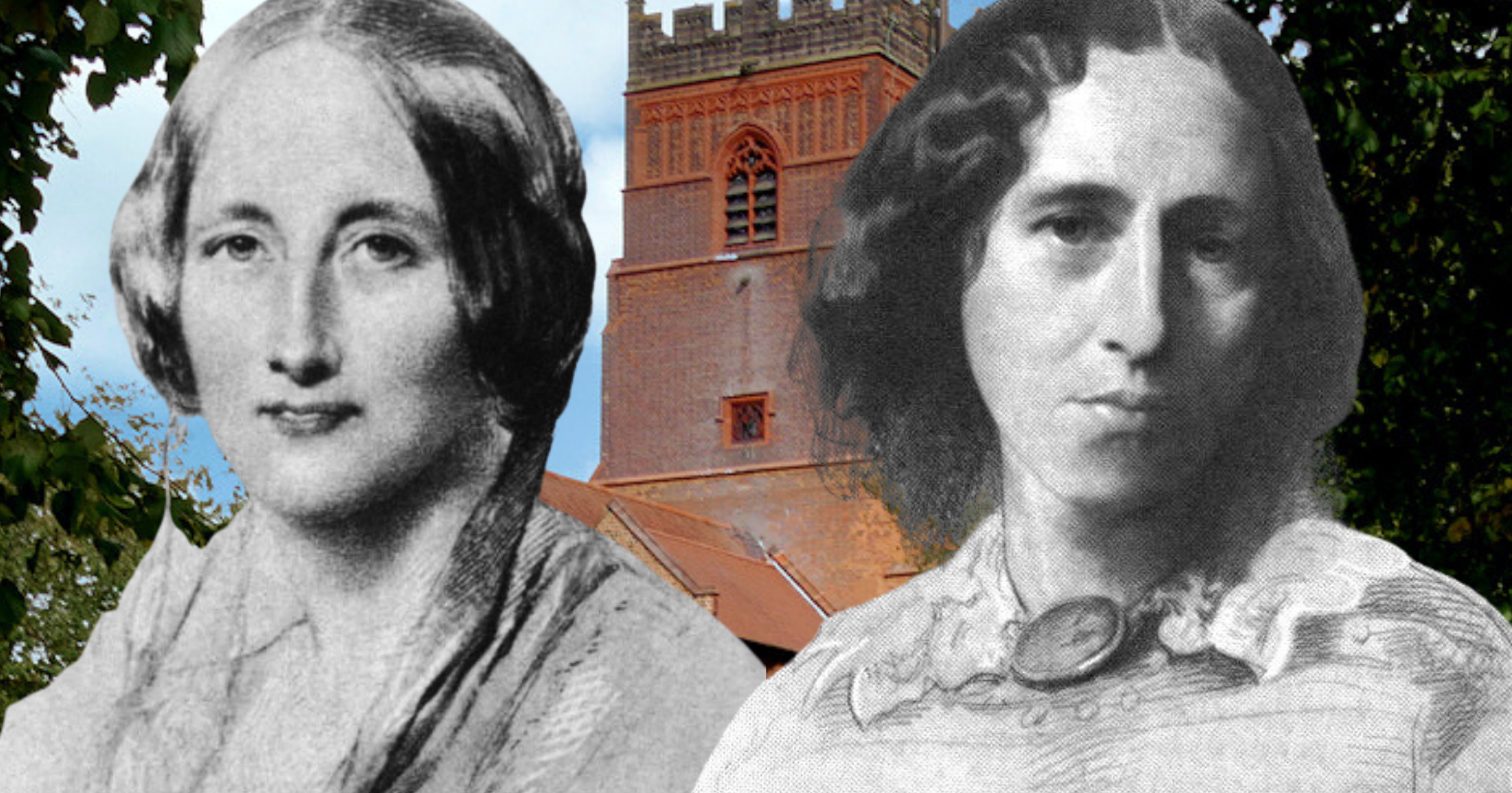 Elizabeth Gaskell and George Eliot sketched in the foreground and a Knutsford (Gaskell's hometown) church photographed in the background