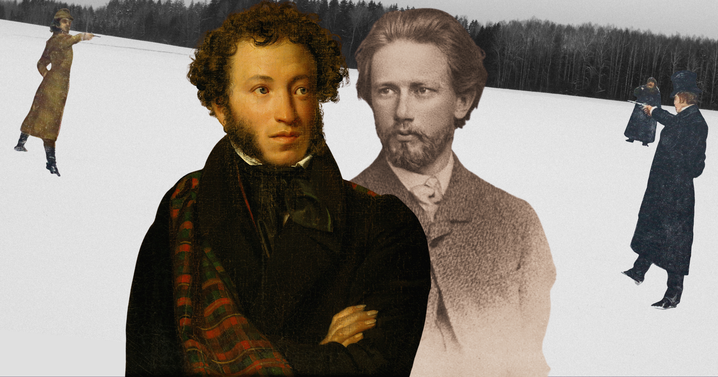 Composite of Alexander Pushkin, Pyotr Ilyich Tchaikovsky and a painting of the duel in Eugene Onegin.