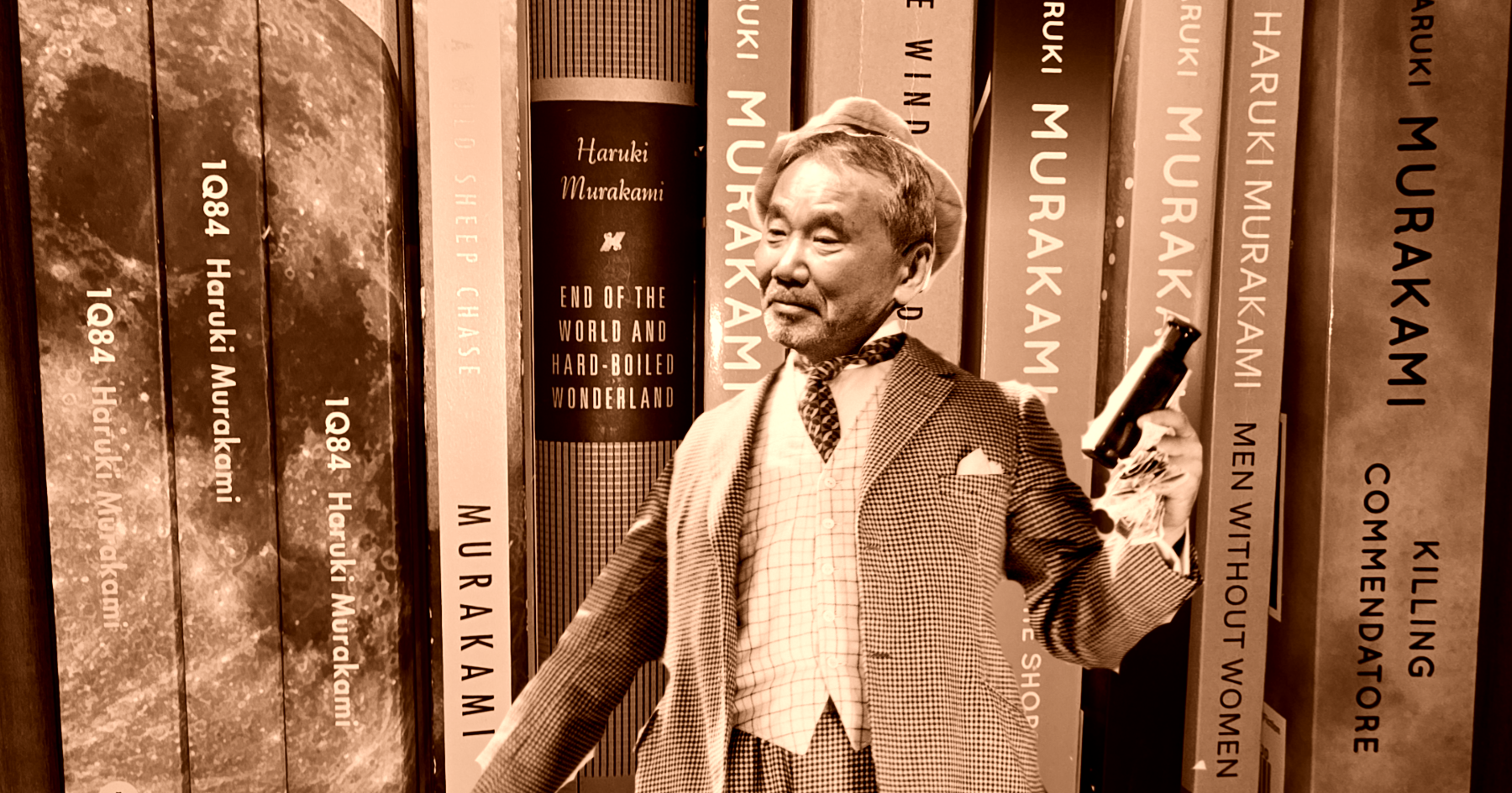 Sepia-toned image of Haruki Murakami dressed as a 19th-century snake-oil salesman with several of his books in the background.