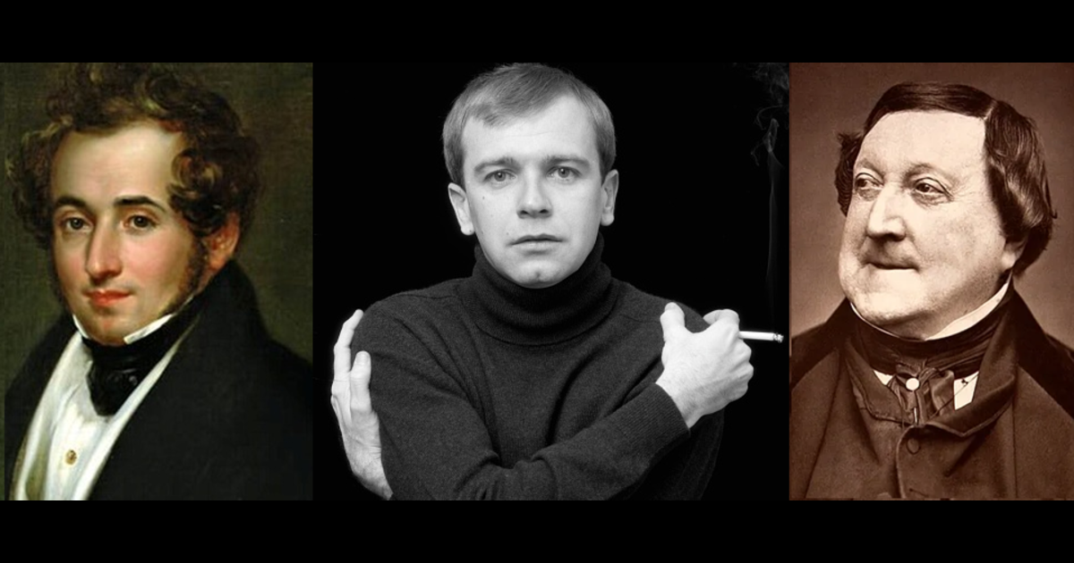 Composite of composer Vincenzo Bellini at 33 in 1835, playwright Terrence McNally at 35 in 1974, and composer Gioachino Rossini at 73 in 1865.